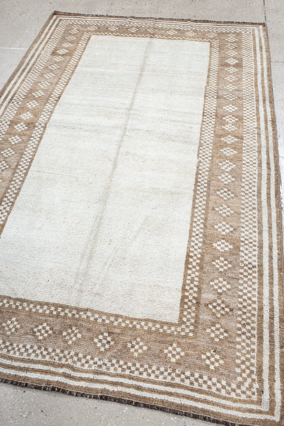 4' x 6' one-of-a-kind handmade vintage Gabbe small size rug. Color palette: ivory, camel, taupe, cream, brown, beige, gray