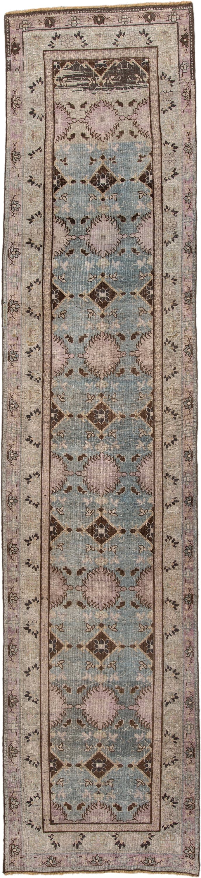 3' x 13' one-of-a-kind handmade vintage Bidjar runner rug. Color palette: ivory, light blue, taupe, brown, rose, charcoal