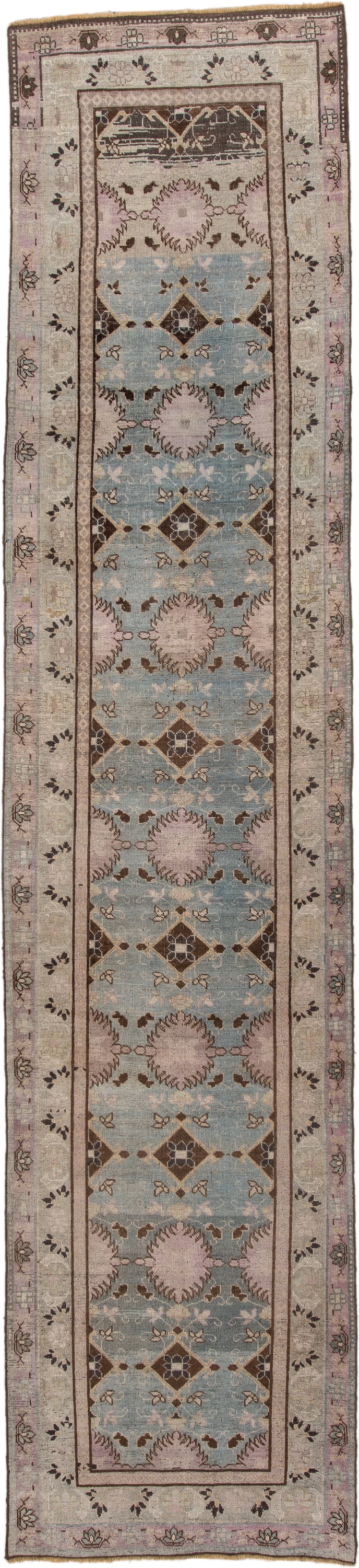 3' x 13' one-of-a-kind handmade vintage Bidjar runner rug. Color palette: ivory, light blue, taupe, brown, rose, charcoal