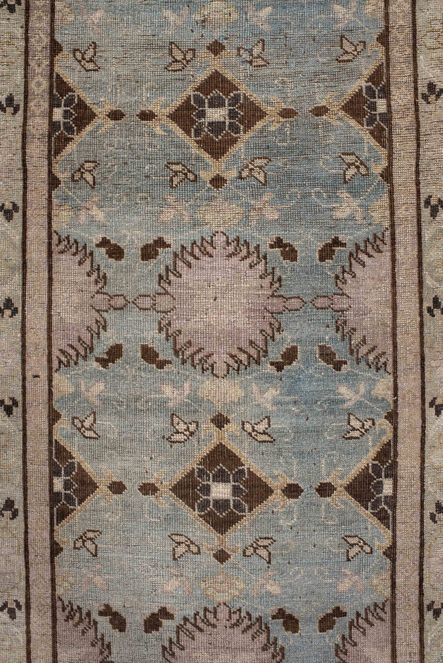 3' x 13' one-of-a-kind handmade vintage Bidjar runner rug. Color palette: ivory, light blue, taupe, brown, rose, charcoal