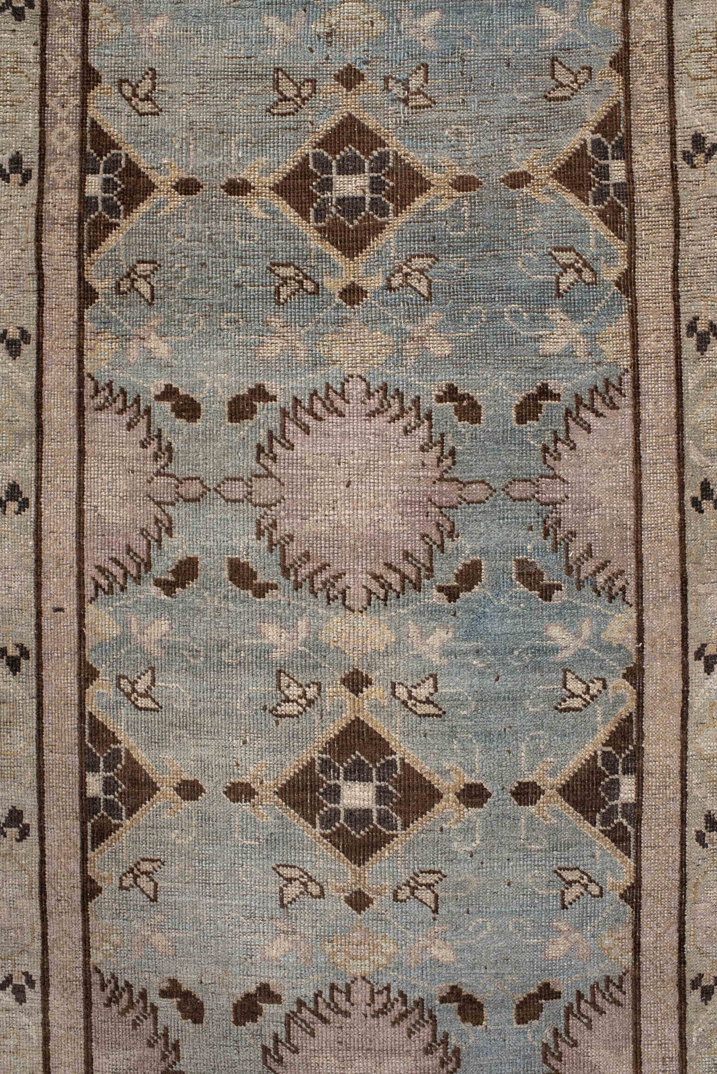 3' x 13' one-of-a-kind handmade vintage Bidjar runner rug. Color palette: ivory, light blue, taupe, brown, rose, charcoal