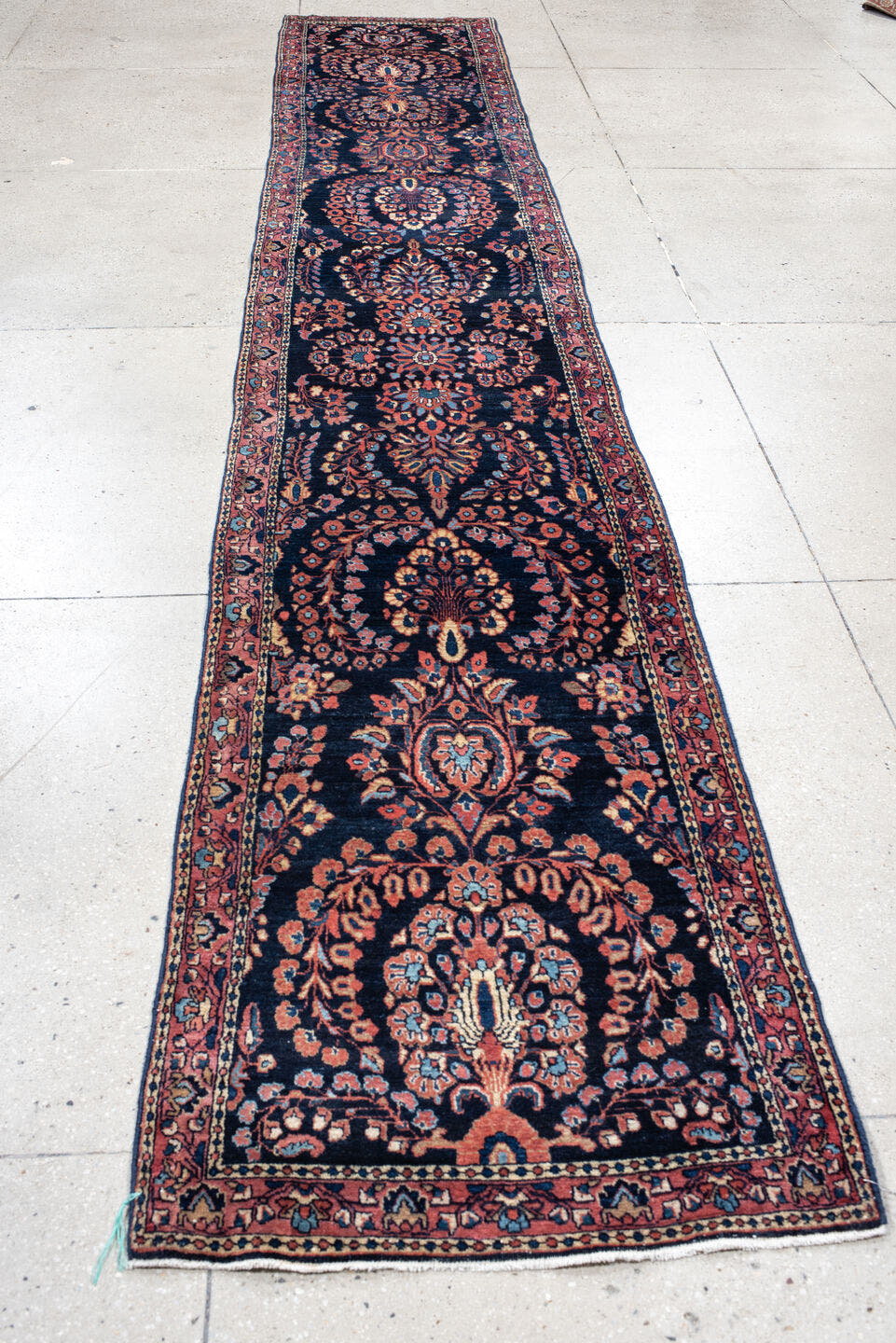 2' x 15' one-of-a-kind handmade vintage Sarouk runner rug. Color palette: navy, rose, crimson, ivory, sky blue, burgundy
