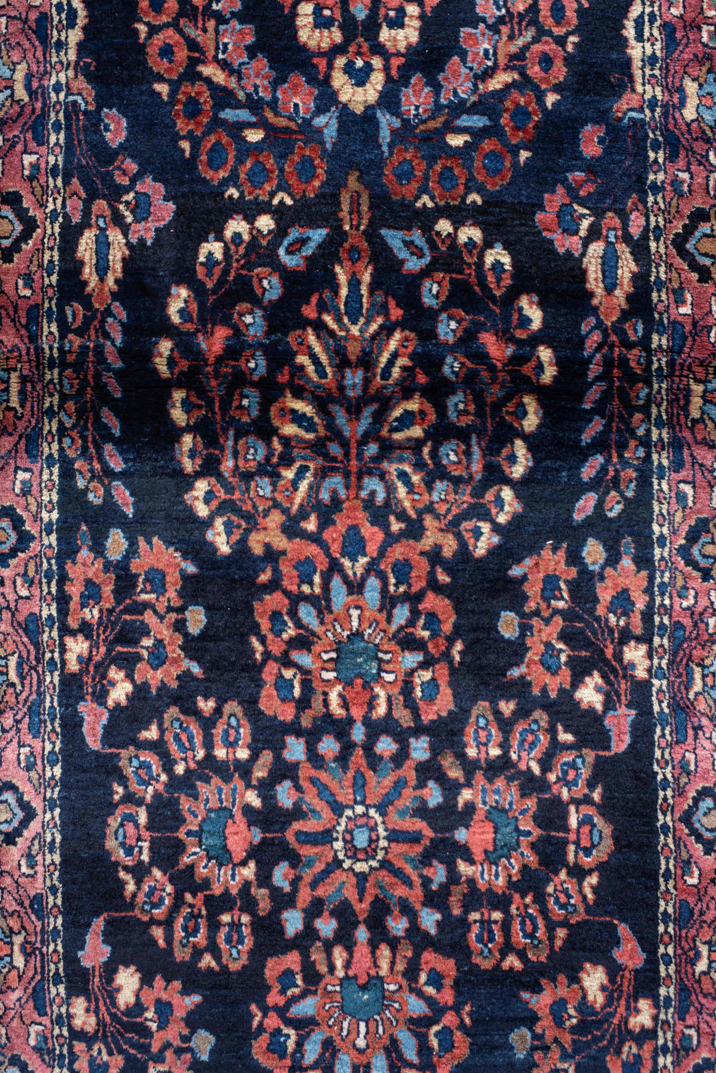 2' x 15' one-of-a-kind handmade vintage Sarouk runner rug. Color palette: navy, rose, crimson, ivory, sky blue, burgundy