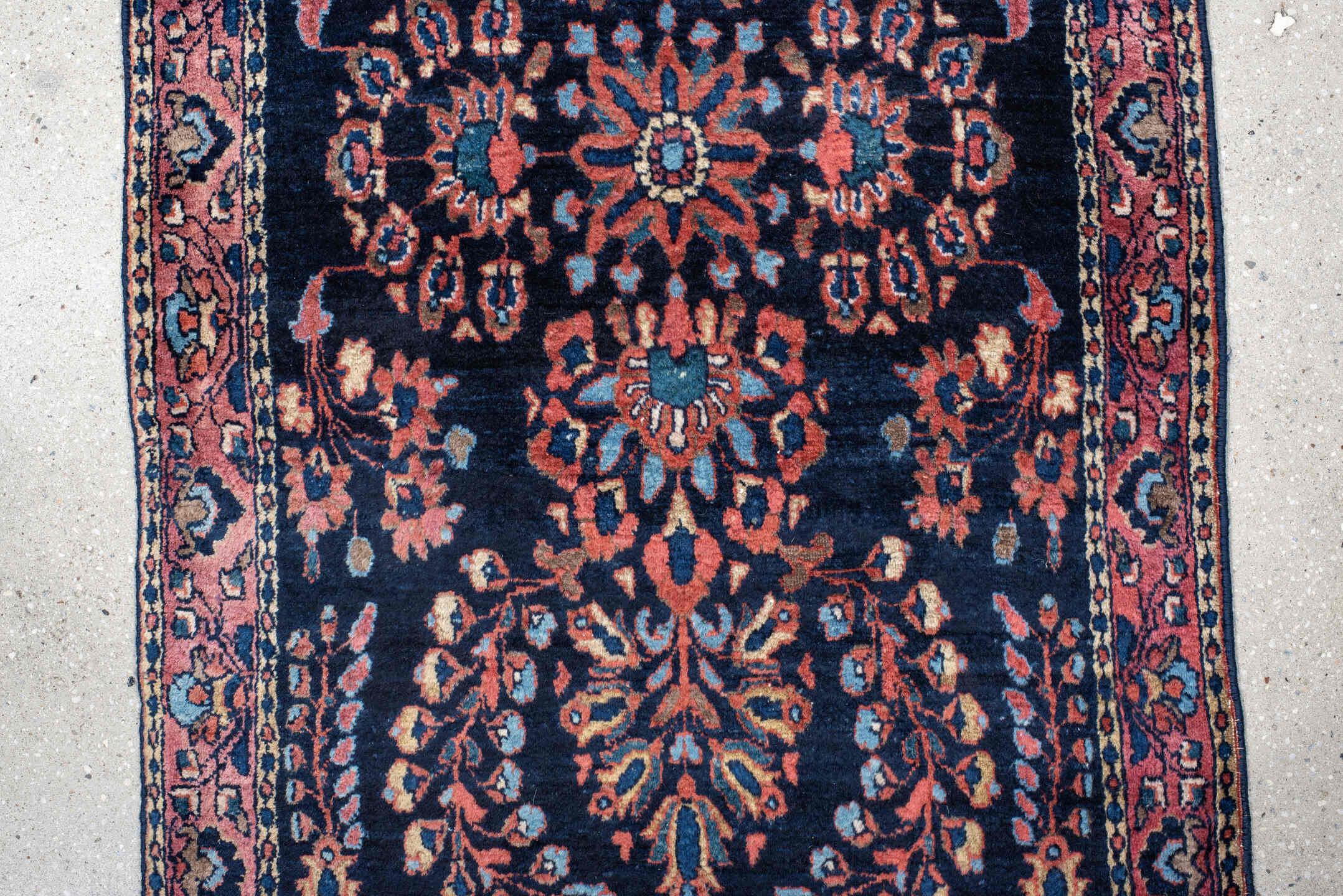 2' x 15' one-of-a-kind handmade vintage Sarouk runner rug. Color palette: navy, rose, crimson, ivory, sky blue, burgundy