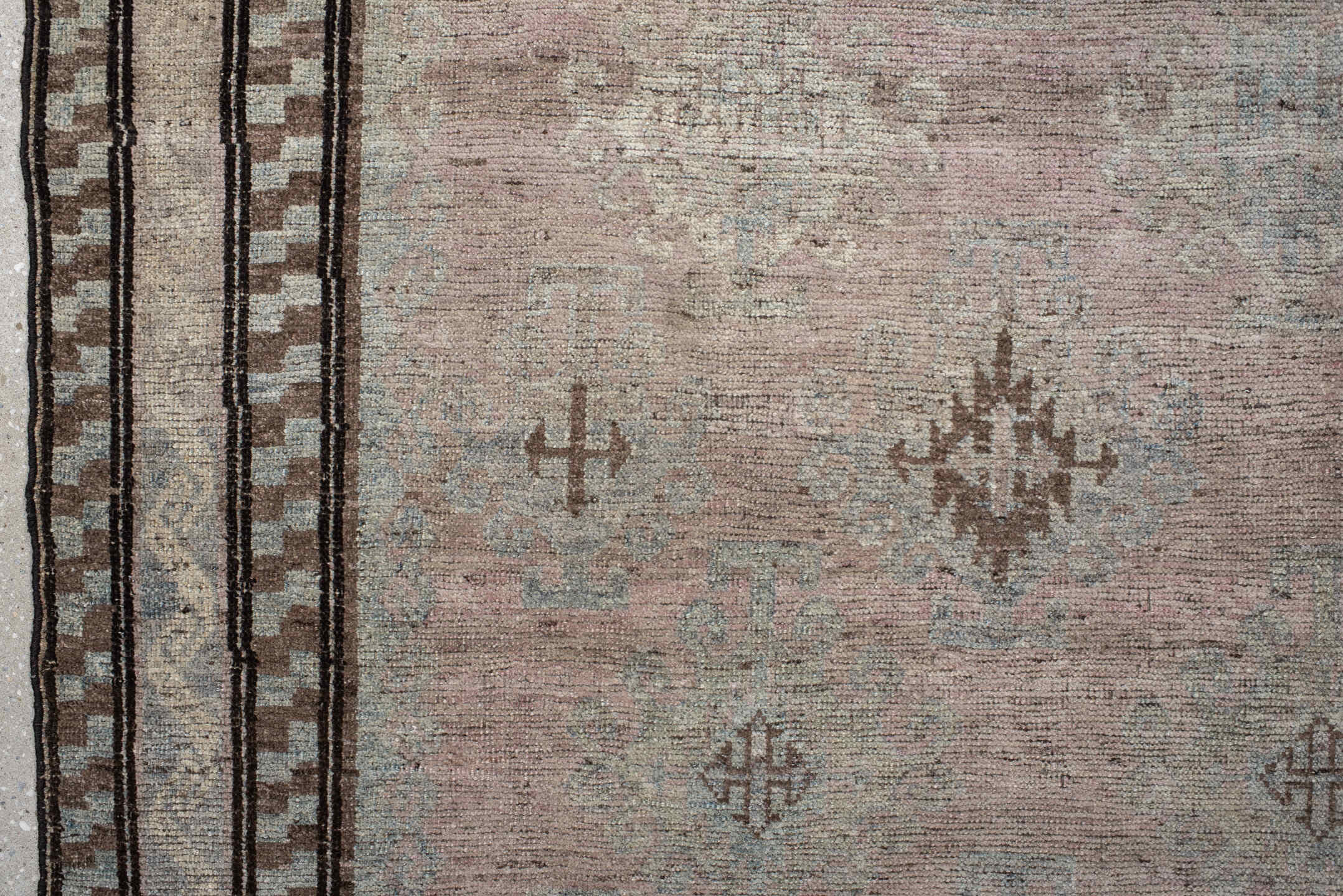 5' x 11' one-of-a-kind handmade vintage rug. Color palette: blush, ivory, taupe, pale blue, brown, beige, pink, gray