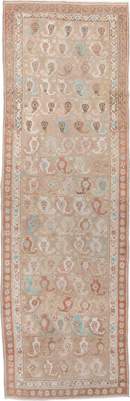 3' x 9' one-of-a-kind handmade vintage Sarab runner rug. Color palette: brown, gray, light gray, off-white, orange, pink