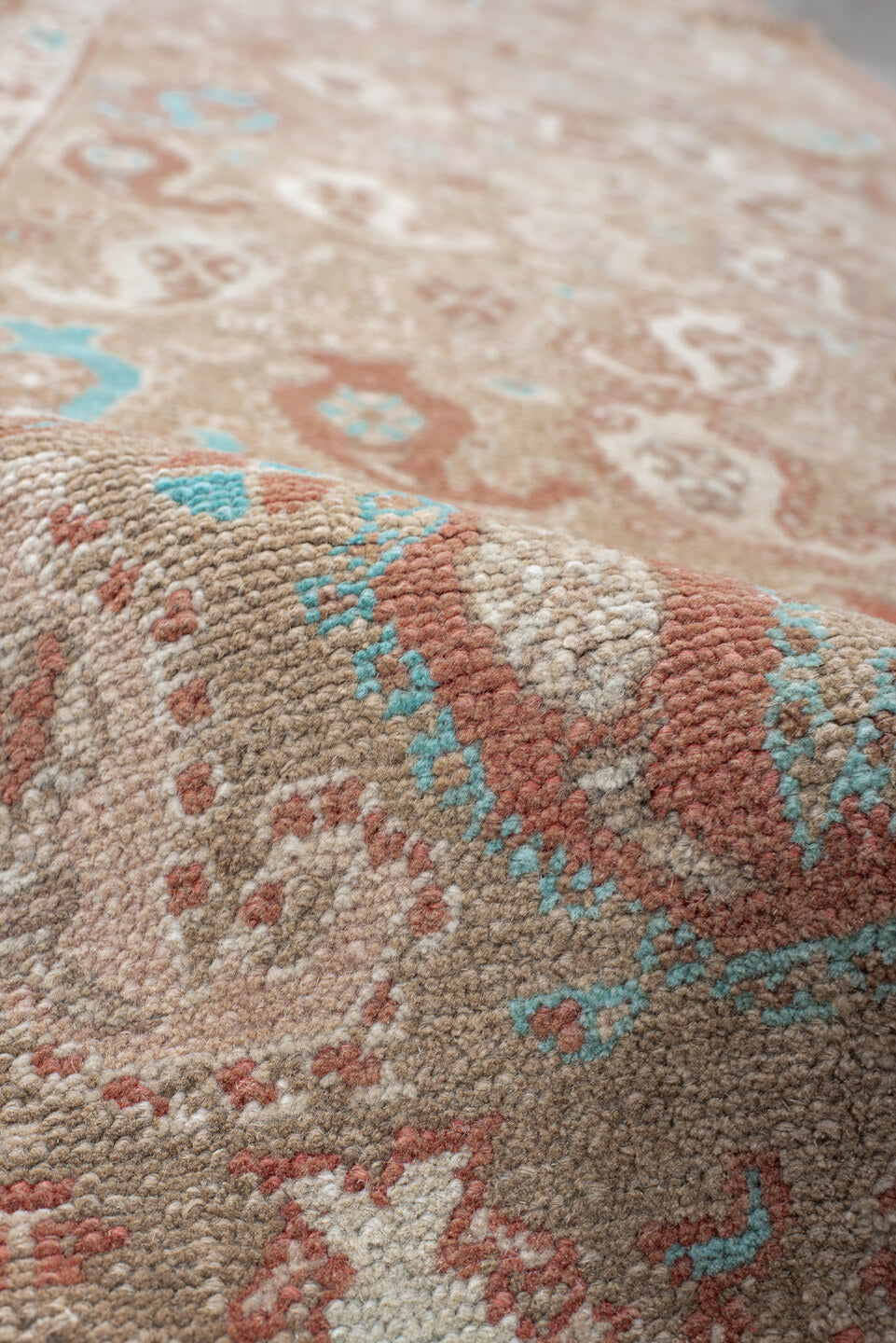 3' x 9' one-of-a-kind handmade vintage Sarab runner rug. Color palette: camel, terra cotta, ivory, taupe, sky blue, tan