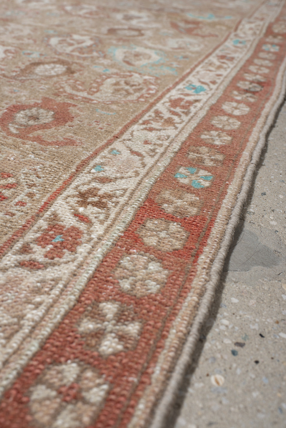 3' x 9' one-of-a-kind handmade vintage Sarab runner rug. Color palette: brown, gray, light gray, off-white, orange, pink