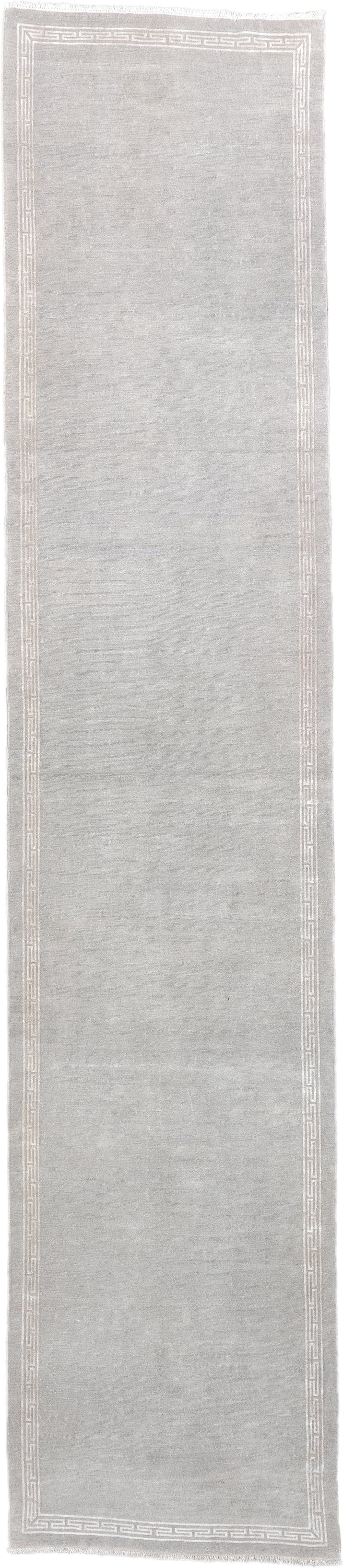 3' x 15' one-of-a-kind handmade vintage Tibetan runner rug. Color palette: gray, ivory, taupe, beige
