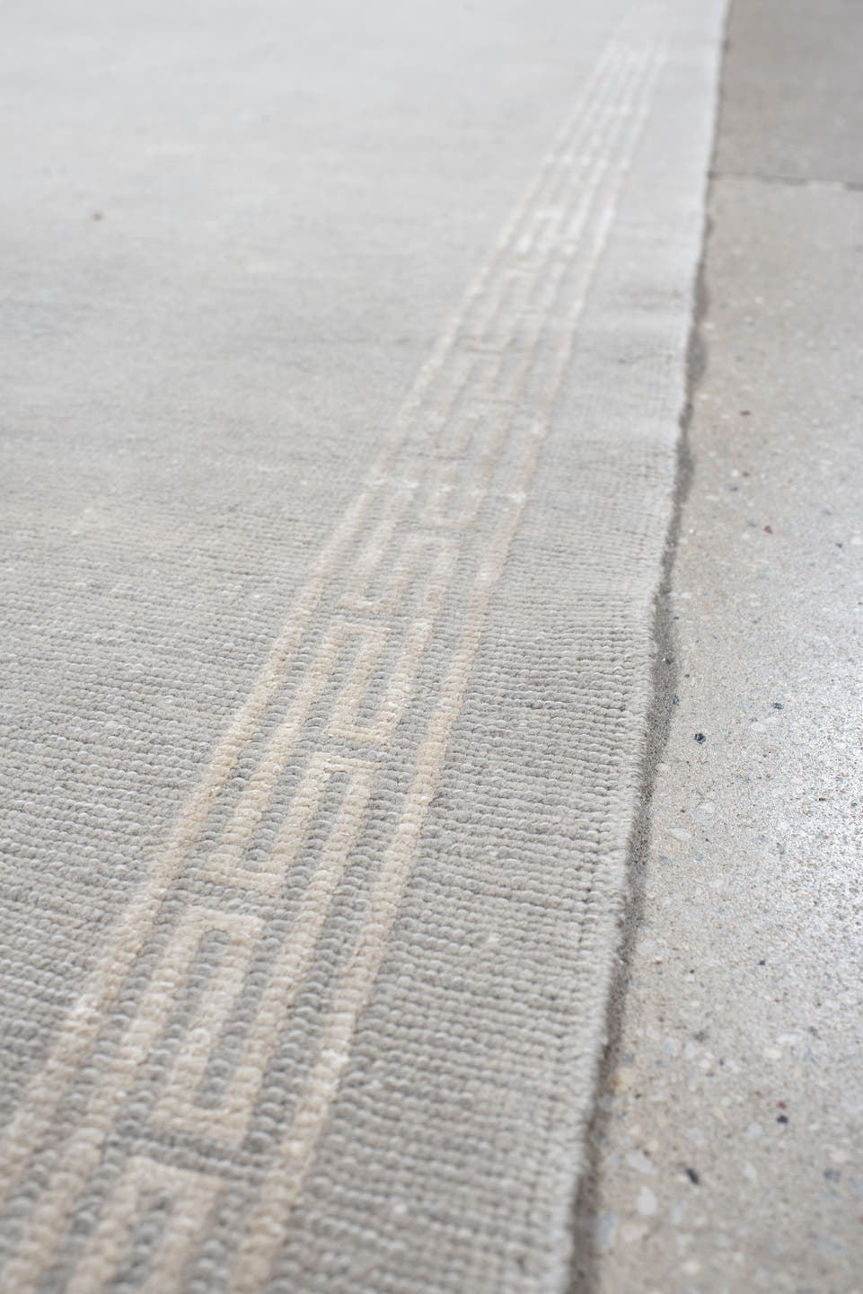 3' x 15' one-of-a-kind handmade vintage Tibetan runner rug. Color palette: gray, ivory, taupe, beige