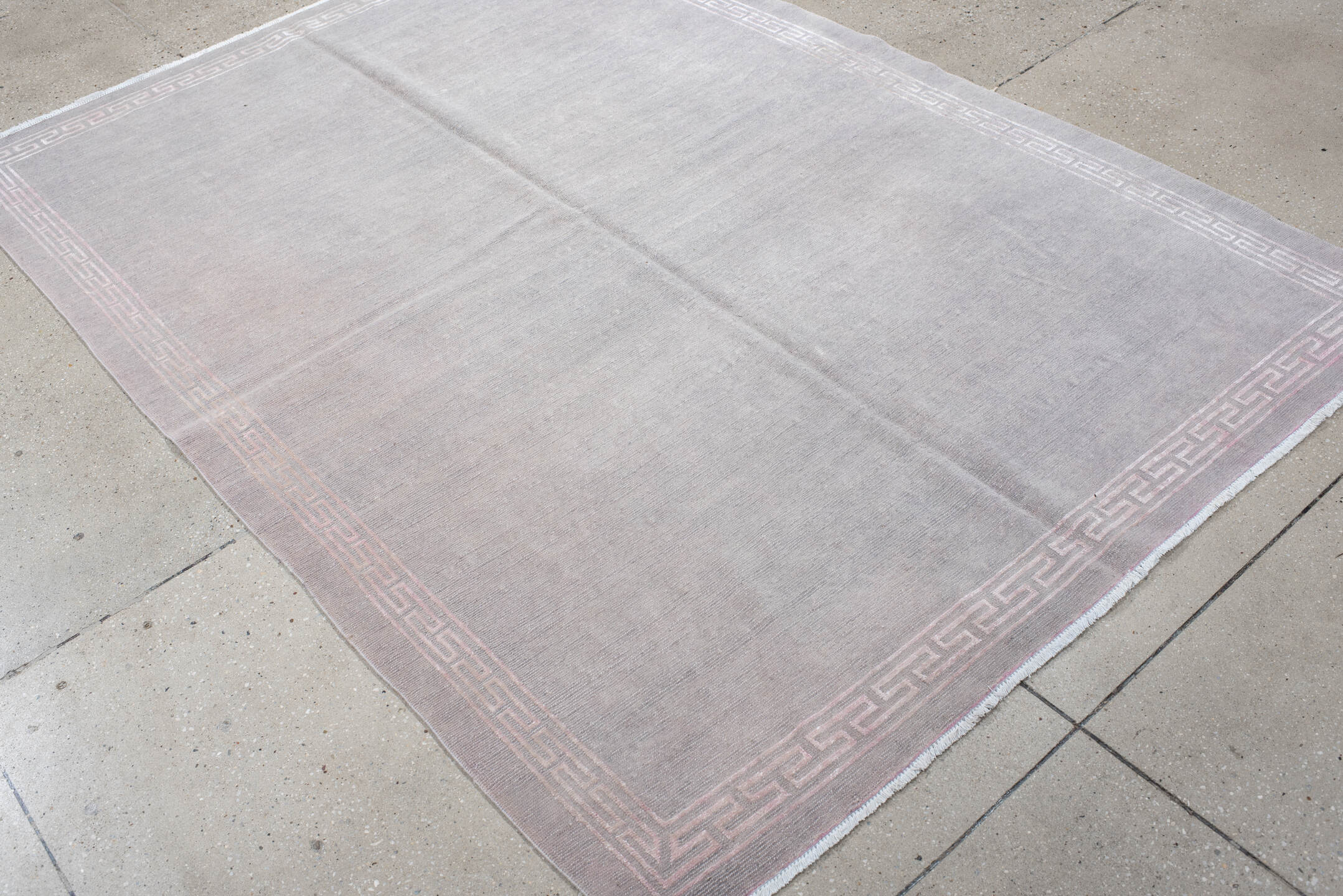 5' x 7' one-of-a-kind handmade vintage Nepal rug. Color palette: taupe, ivory, beige, cream, pale gray, gray, light gray