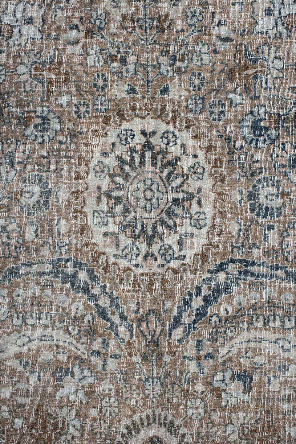 7' x 11' one-of-a-kind handmade antique Meshed large size rug. Color palette: taupe, blush, ivory, slate, dusty blue, brown