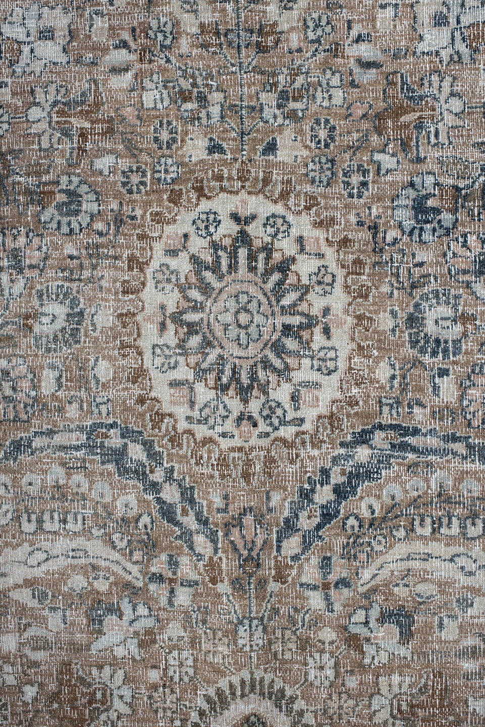7' x 11' one-of-a-kind handmade antique Meshed large size rug. Color palette: taupe, blush, ivory, slate, dusty blue, brown