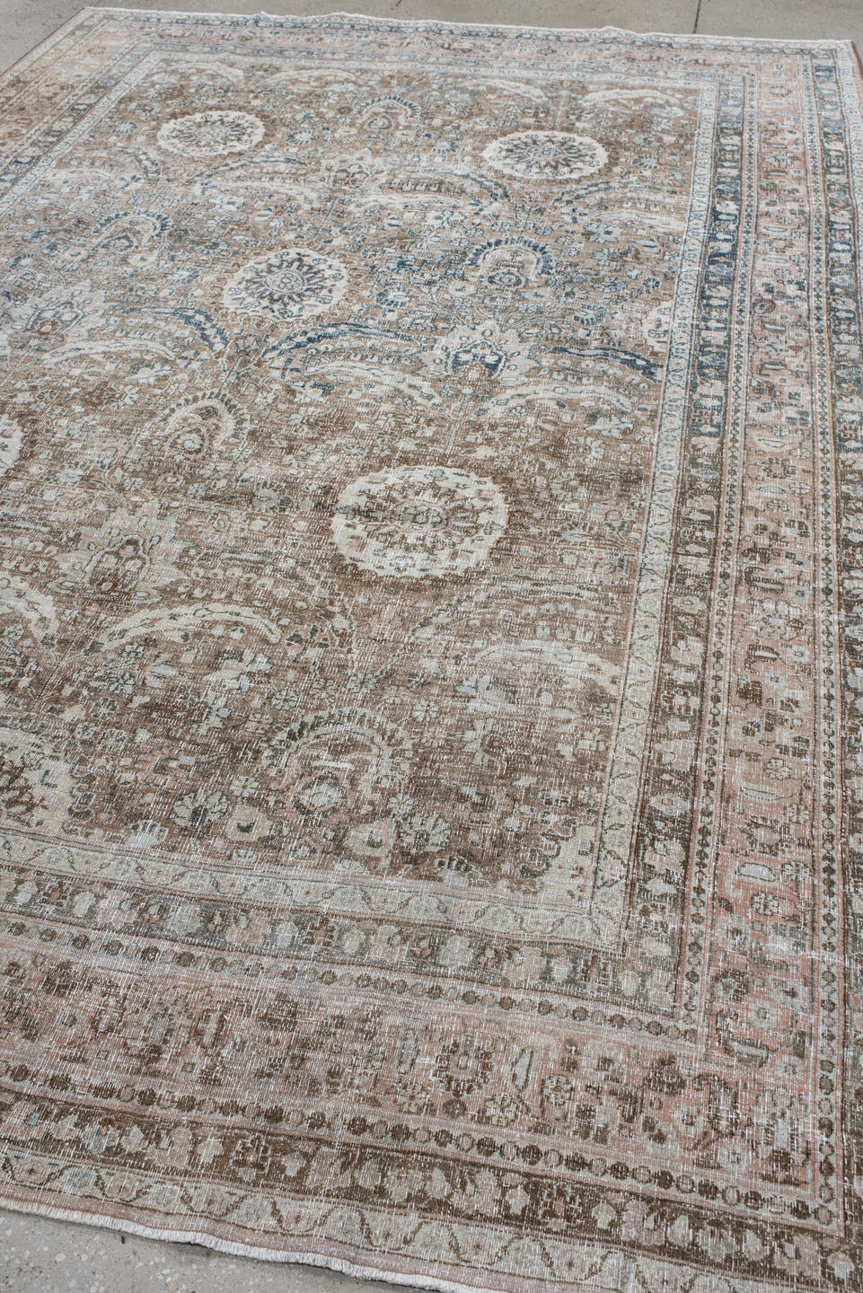 7' x 11' one-of-a-kind handmade antique Meshed large size rug. Color palette: taupe, blush, ivory, slate, dusty blue, brown