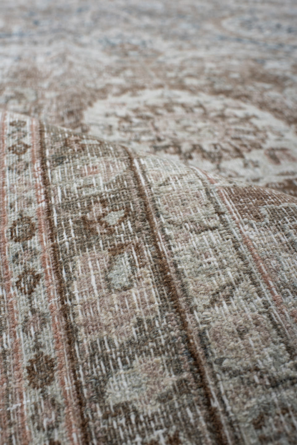 7' x 11' one-of-a-kind handmade antique Meshed large size rug. Color palette: taupe, blush, ivory, slate, dusty blue, brown