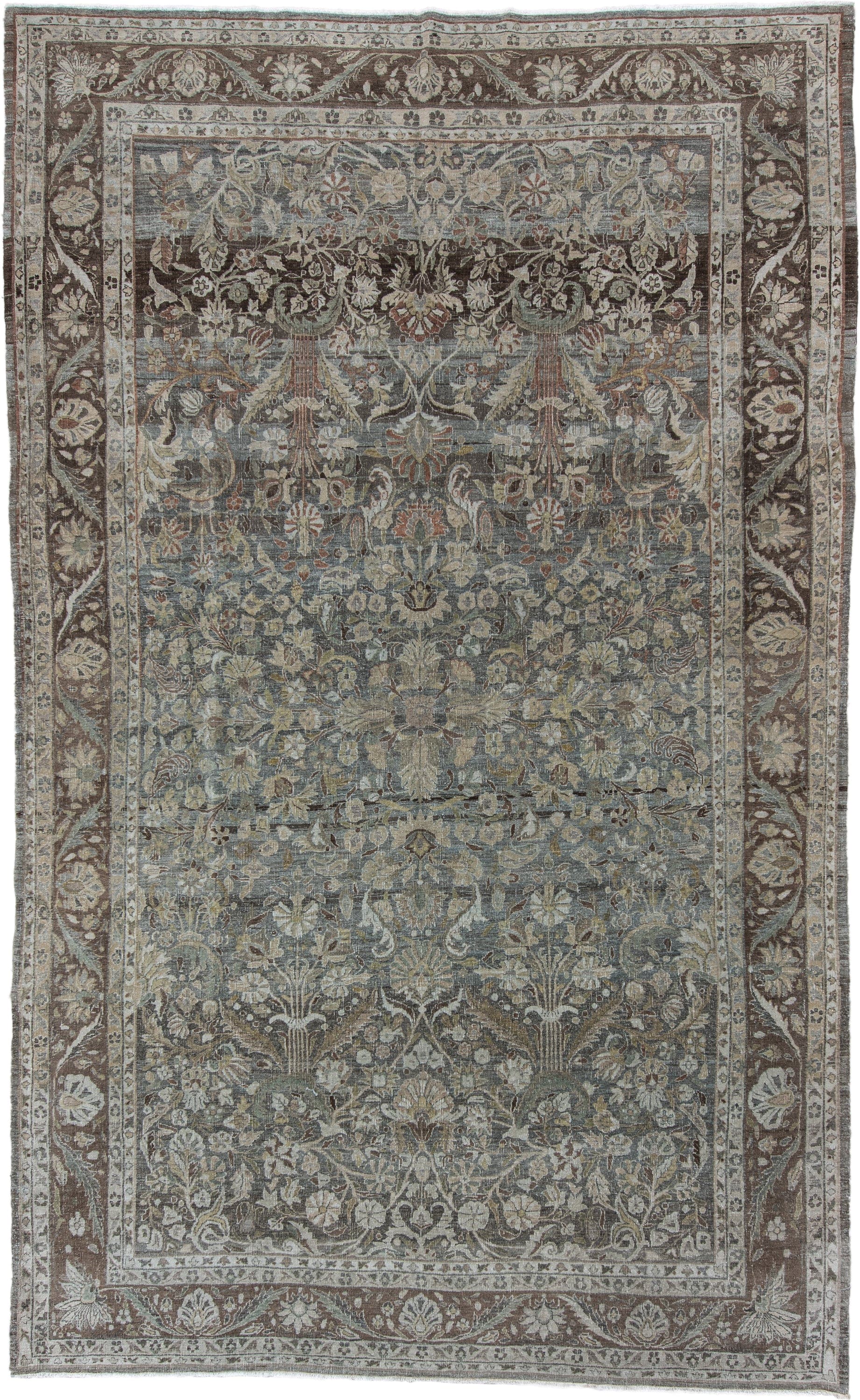 8' x 13' one-of-a-kind handmade vintage Bidjar large size rug. Color palette: taupe, ivory, brown, slate, sage, rust, beige