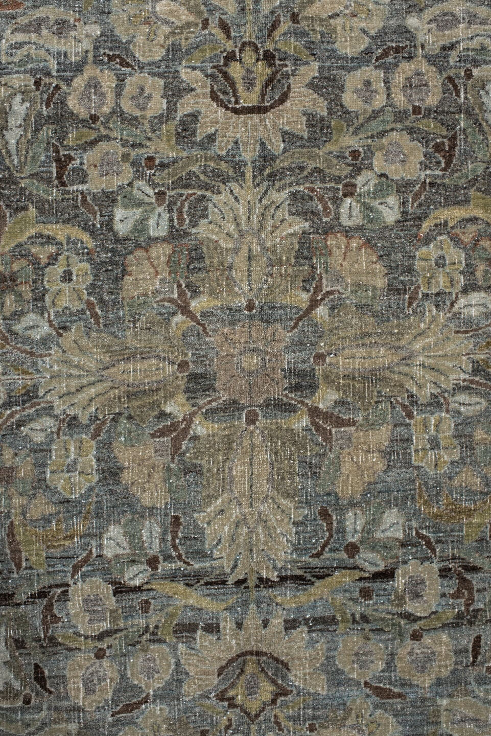 8' x 13' one-of-a-kind handmade vintage Bidjar large size rug. Color palette: taupe, ivory, brown, slate, sage, rust, beige