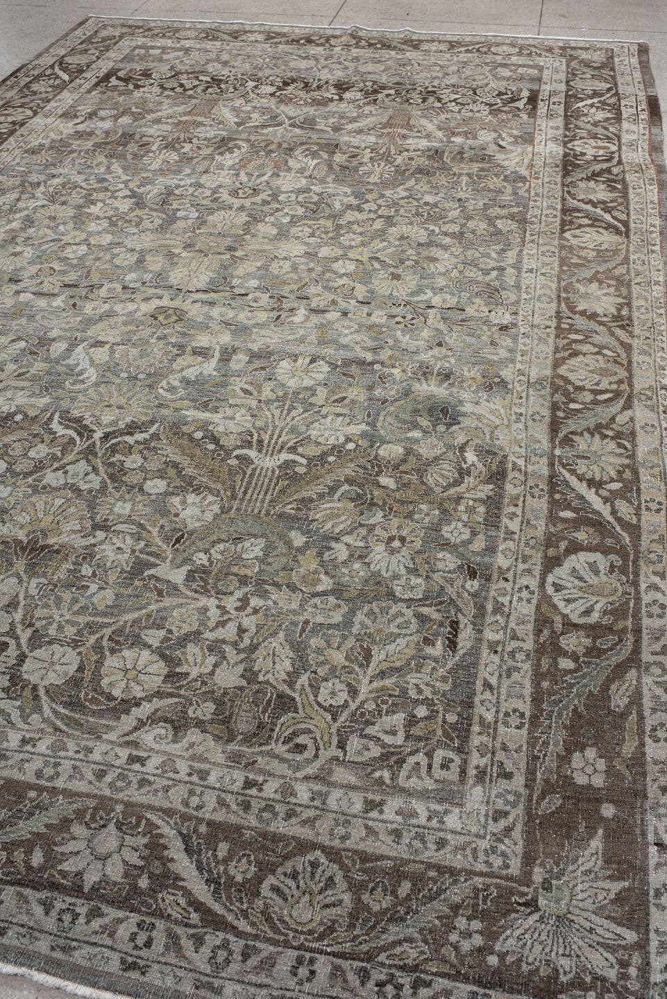 8' x 13' one-of-a-kind handmade vintage Bidjar large size rug. Color palette: taupe, ivory, brown, slate, sage, rust, beige