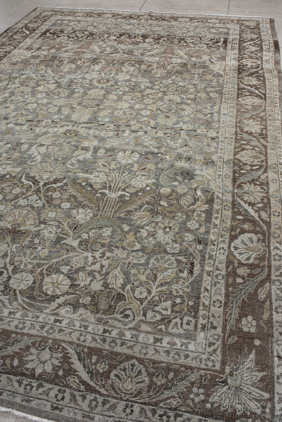 8' x 13' one-of-a-kind handmade vintage Bidjar large size rug. Color palette: taupe, ivory, brown, slate, sage, rust, beige