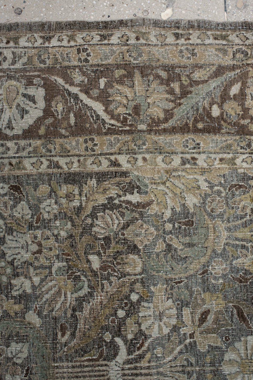 8' x 13' one-of-a-kind handmade vintage Bidjar large size rug. Color palette: taupe, ivory, brown, slate, sage, rust, beige