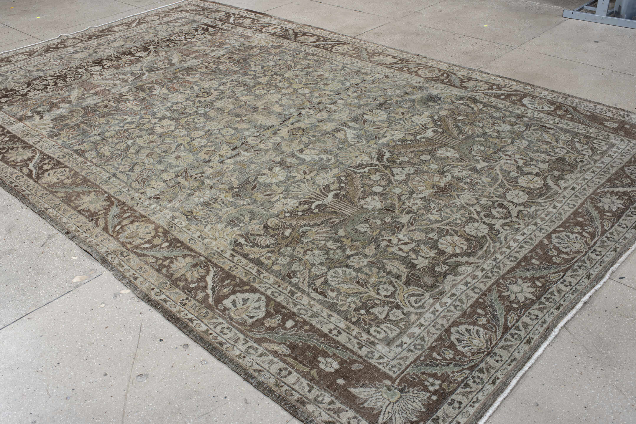 8' x 13' one-of-a-kind handmade vintage Bidjar large size rug. Color palette: taupe, ivory, brown, slate, sage, rust, beige