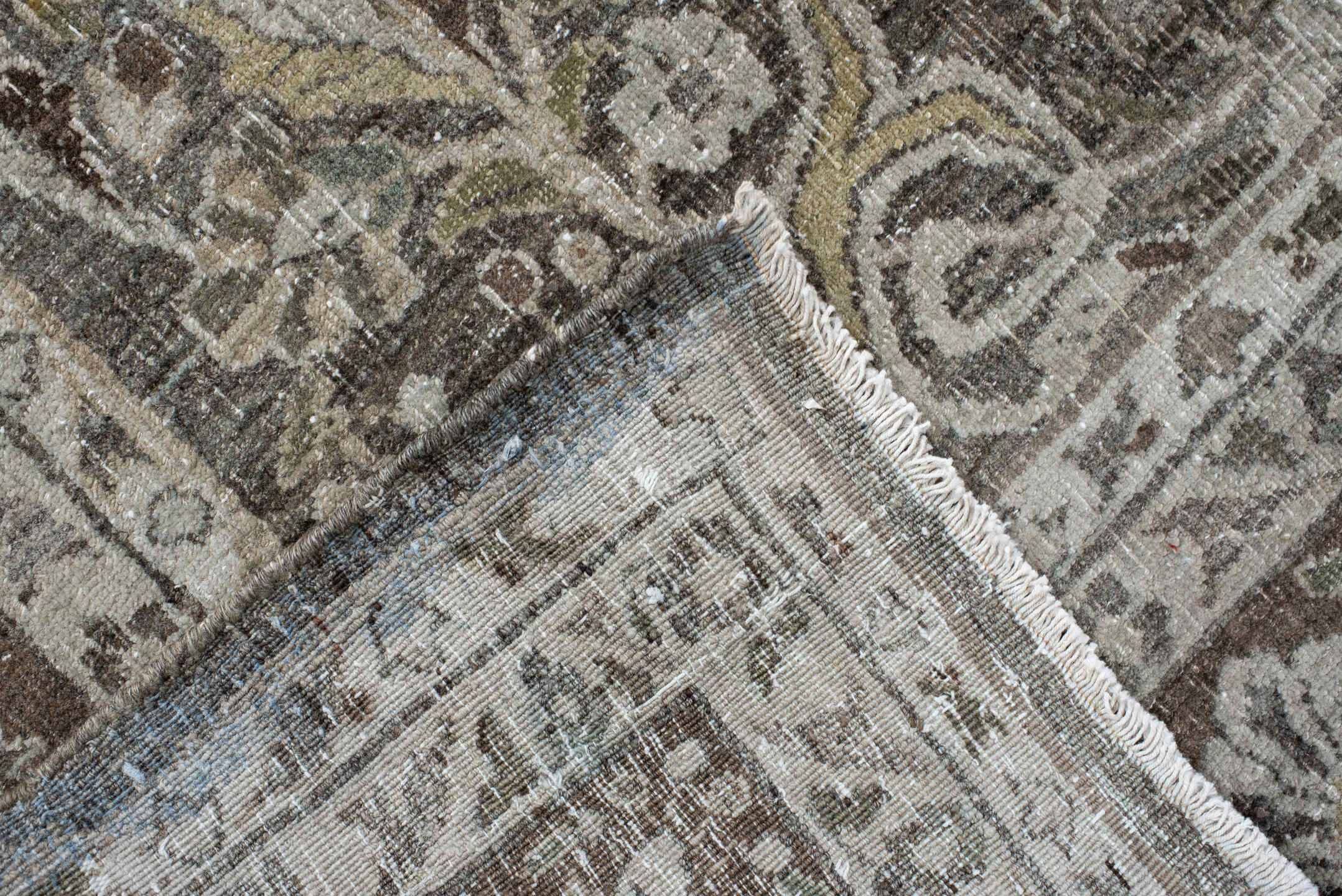 8' x 13' one-of-a-kind handmade vintage Bidjar large size rug. Color palette: taupe, ivory, brown, slate, sage, rust, beige
