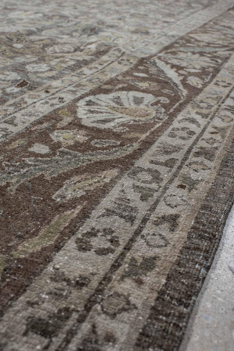 8' x 13' one-of-a-kind handmade vintage Bidjar large size rug. Color palette: taupe, ivory, brown, slate, sage, rust, beige