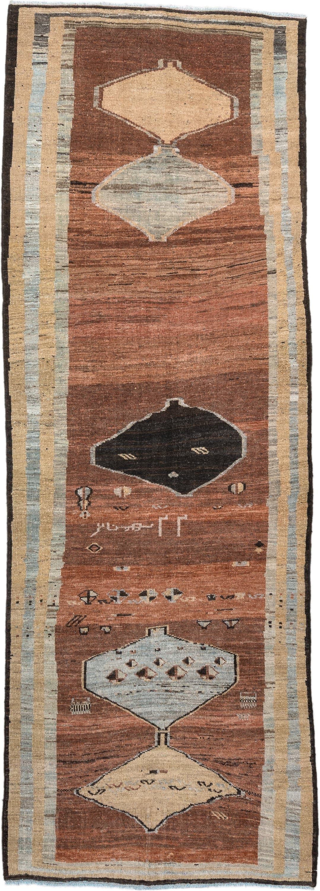 3' x 9' one-of-a-kind handmade vintage Gabbe runner rug. Color palette: rust, ivory, light blue, charcoal, taupe, brown
