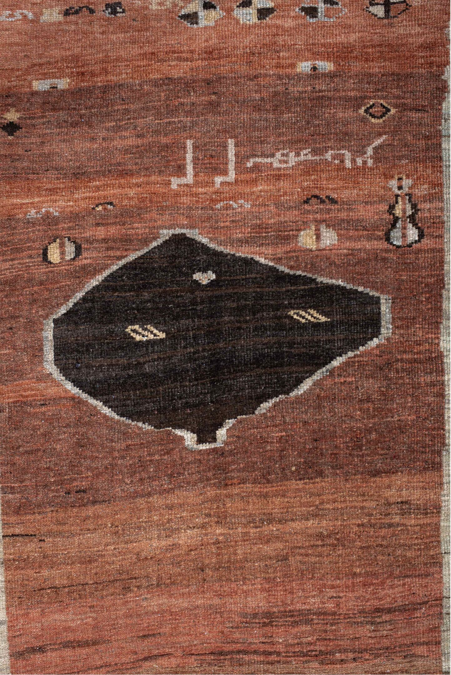 3' x 9' one-of-a-kind handmade vintage Gabbe runner rug. Color palette: black, brown, charcoal, dark gray, gainsboro, gray