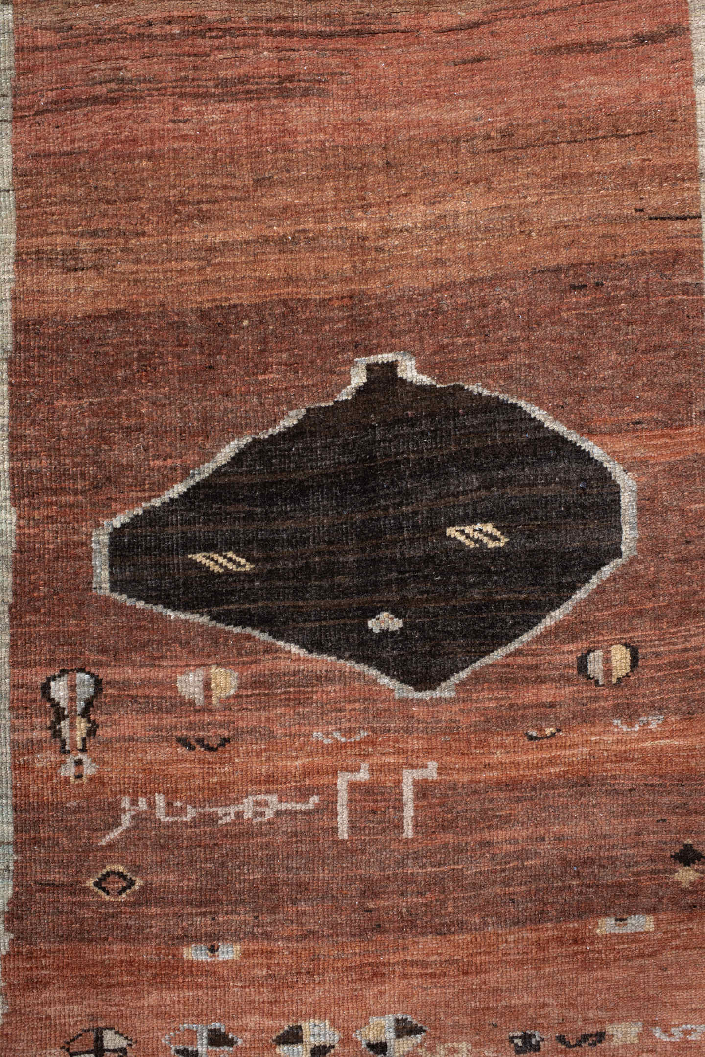 3' x 9' one-of-a-kind handmade vintage Gabbe runner rug. Color palette: rust, ivory, light blue, charcoal, taupe, brown