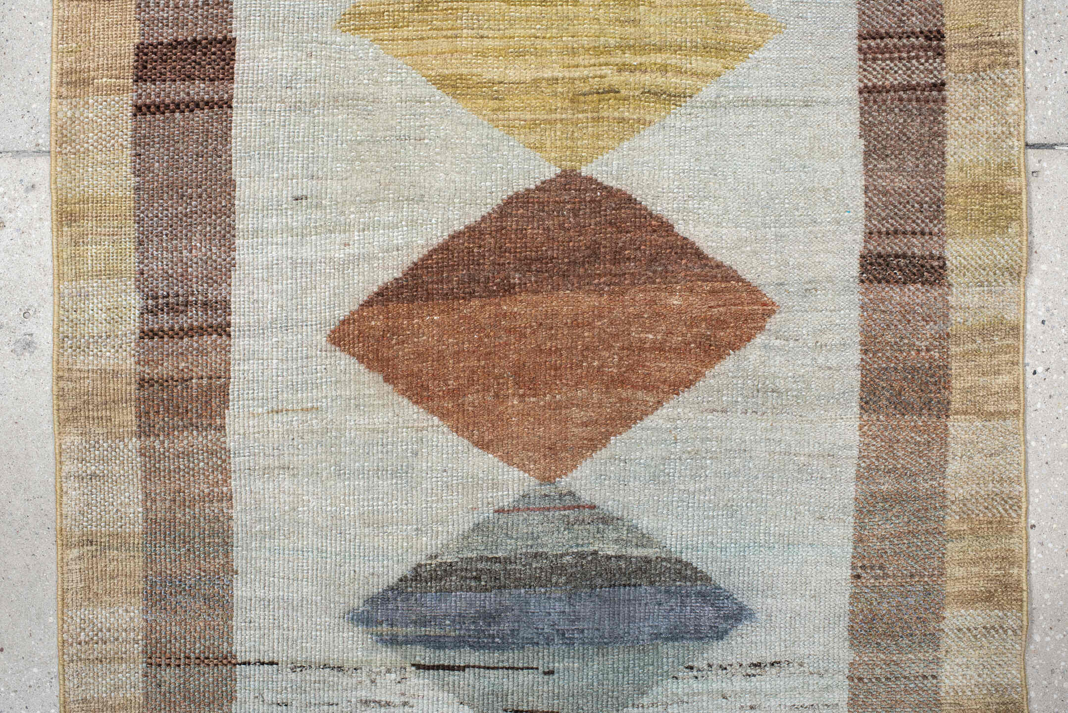 3' x 12' one-of-a-kind handmade vintage Gabbe runner rug. Color palette: ivory, taupe, rust, camel, slate, brown, sage