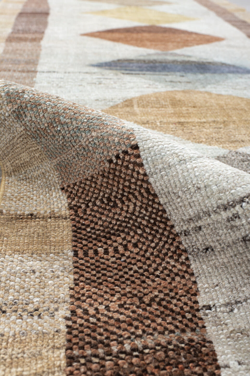 3' x 12' one-of-a-kind handmade vintage Gabbe runner rug. Color palette: ivory, taupe, rust, camel, slate, brown, sage