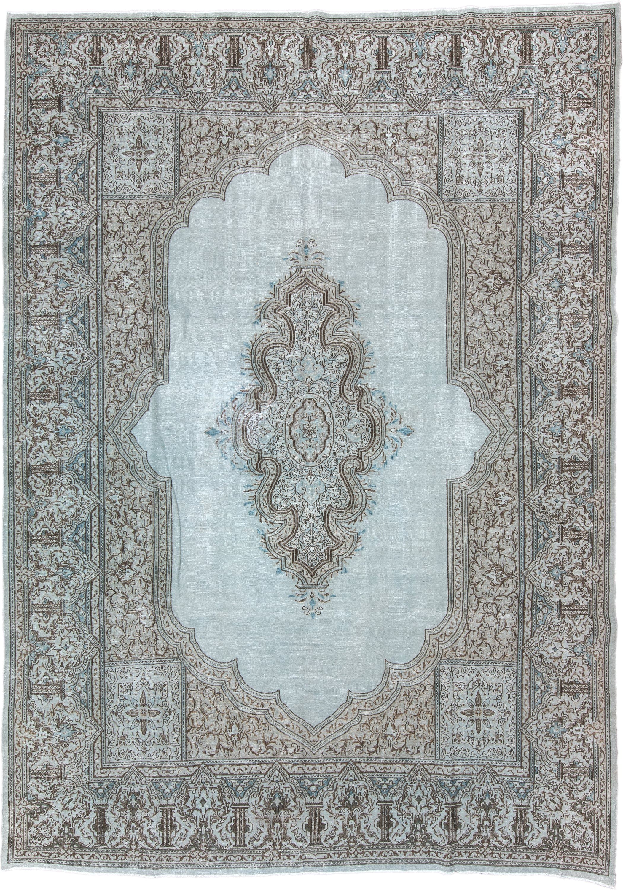 9' x 12' one-of-a-kind handmade vintage large size rug. Color palette: pale blue, ivory, taupe, brown, sky blue, light blue
