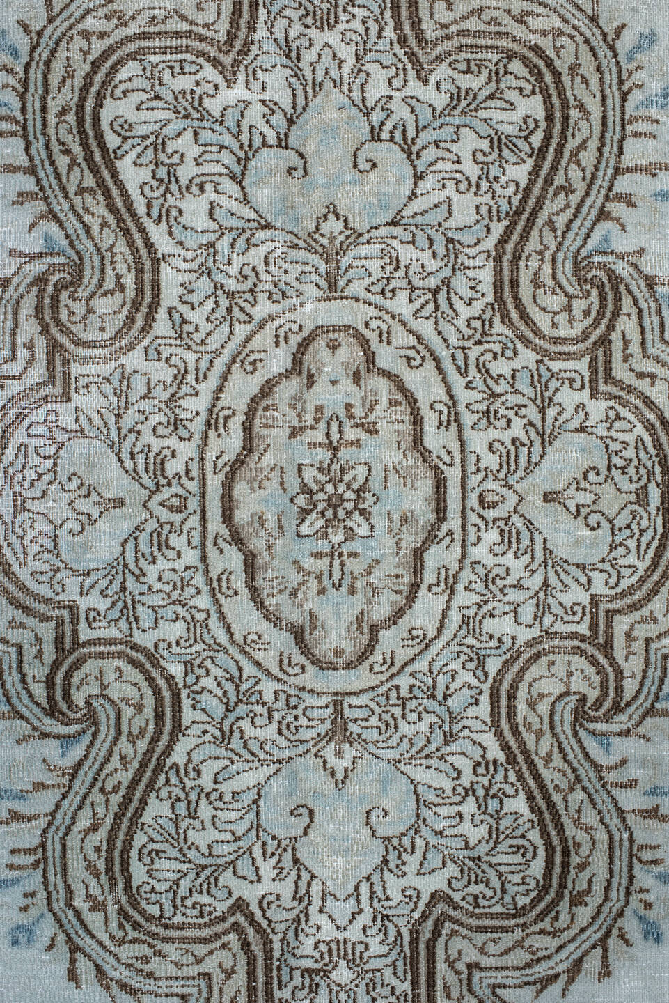 9' x 12' one-of-a-kind handmade vintage large size rug. Color palette: pale blue, ivory, taupe, brown, sky blue, light blue