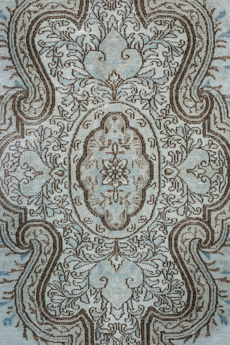 9' x 12' one-of-a-kind handmade vintage large size rug. Color palette: pale blue, ivory, taupe, brown, sky blue, light blue
