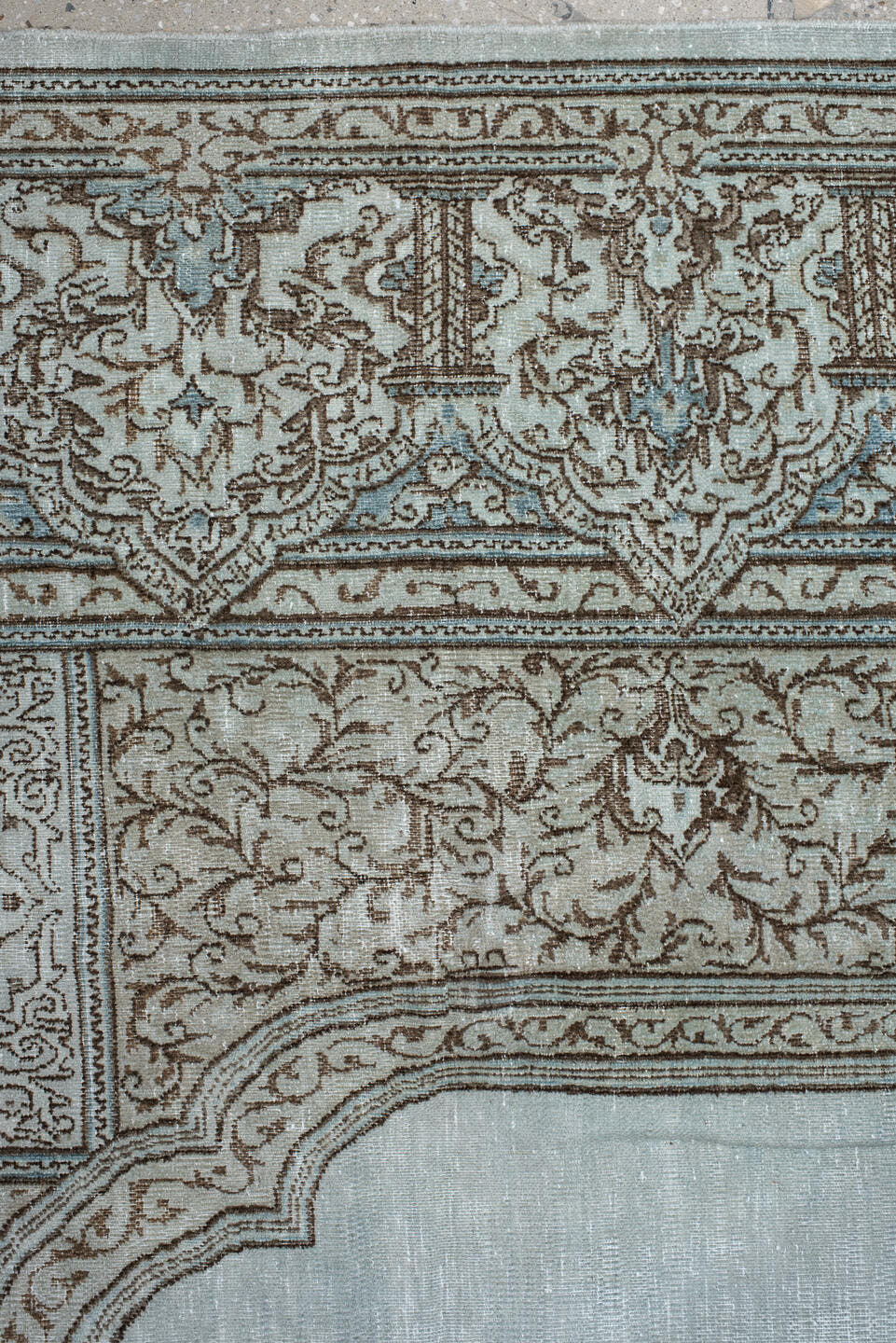 9' x 12' one-of-a-kind handmade vintage large size rug. Color palette: pale blue, ivory, taupe, brown, sky blue, light blue