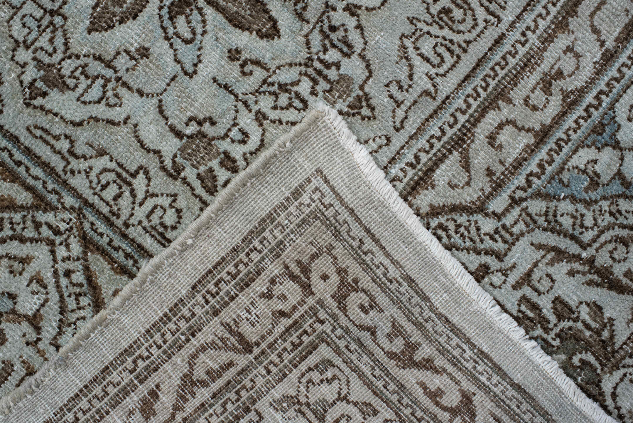 9' x 12' one-of-a-kind handmade vintage large size rug. Color palette: pale blue, ivory, taupe, brown, sky blue, light blue