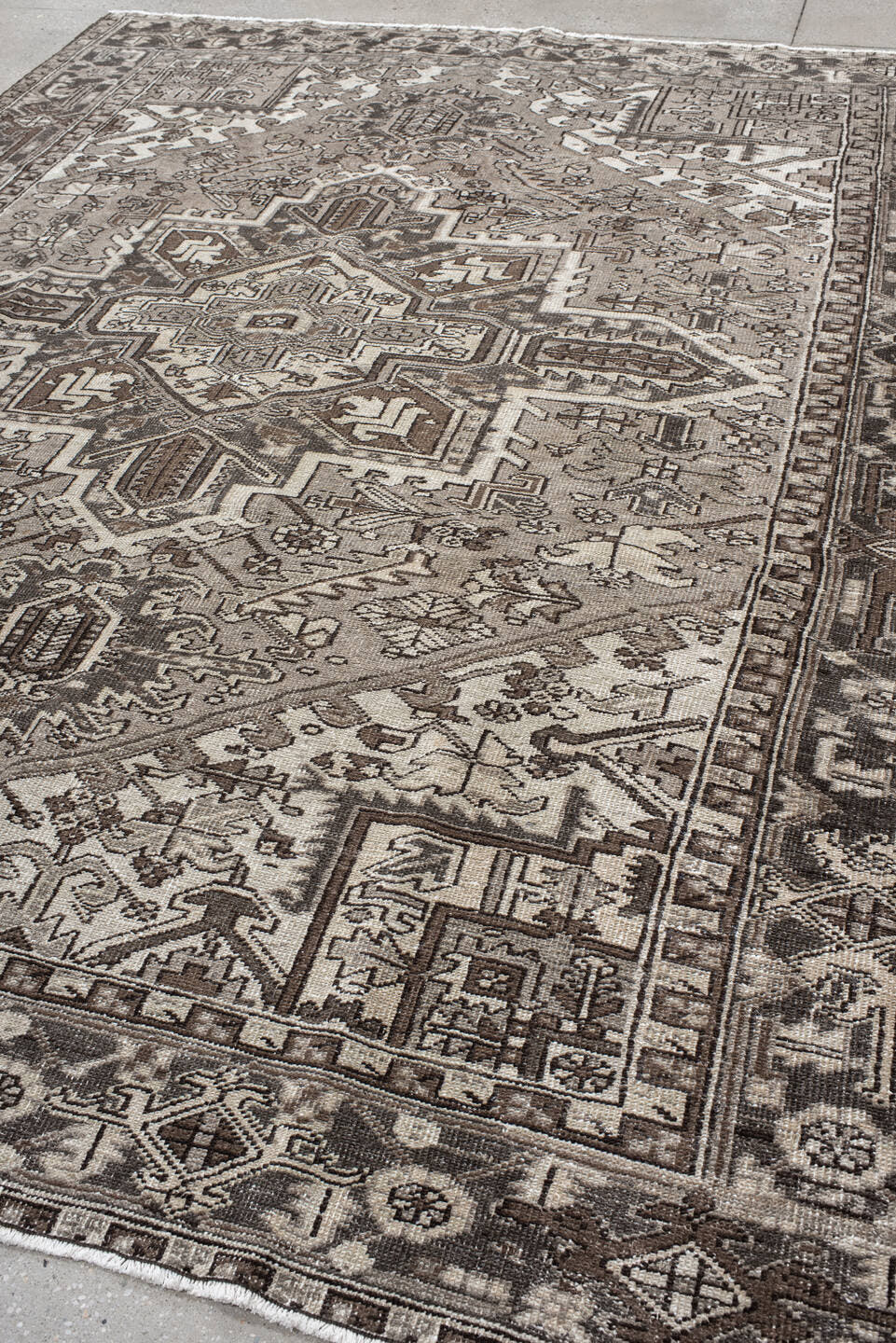 8' x 11' one-of-a-kind handmade vintage Heriz large size rug. Color palette: ivory, brown, taupe, charcoal, beige, gray