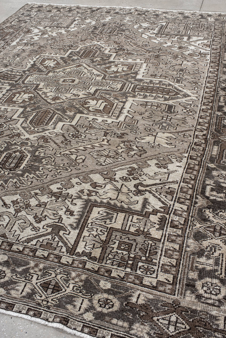 8' x 11' one-of-a-kind handmade vintage Heriz large size rug. Color palette: ivory, brown, taupe, charcoal, beige, gray
