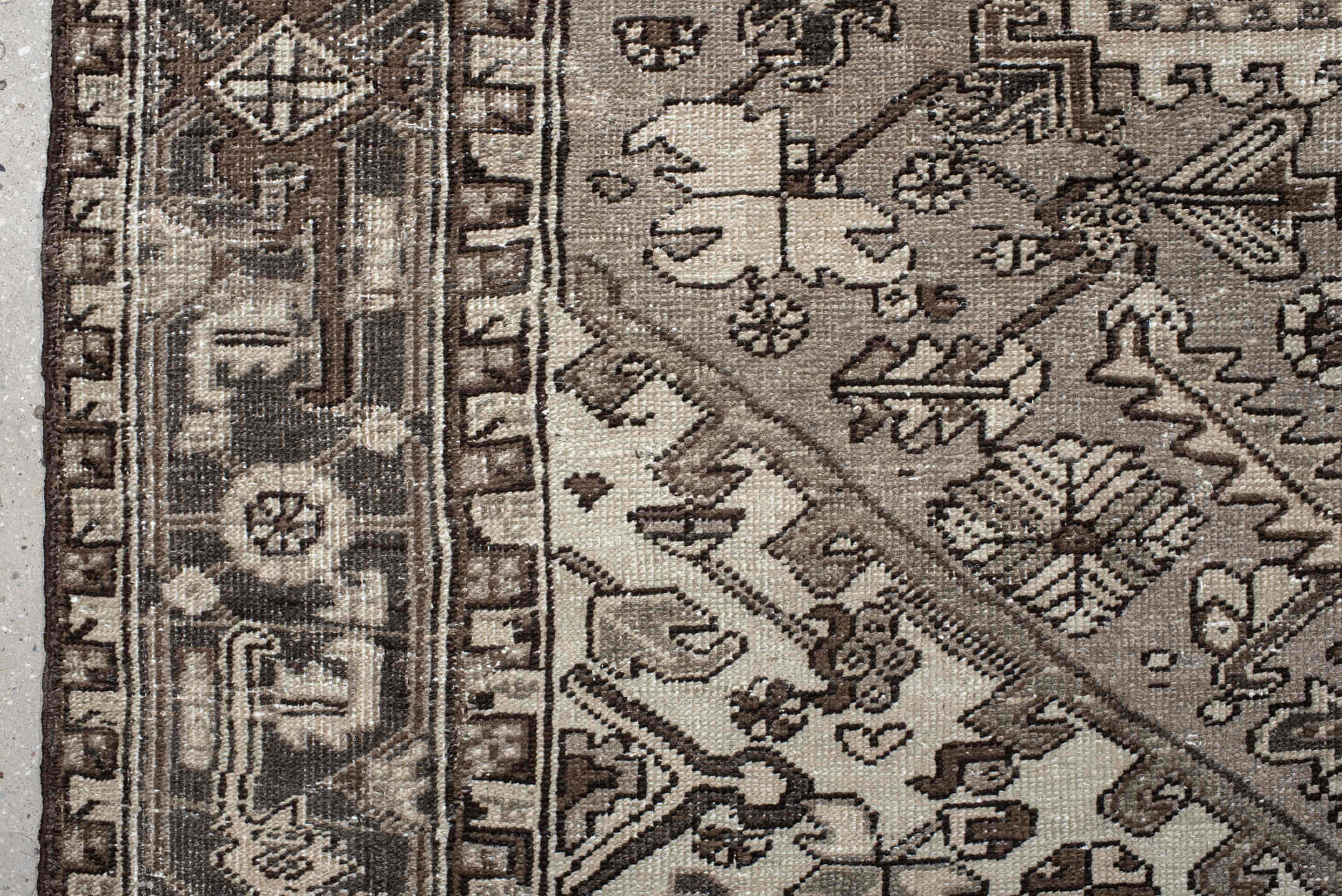 8' x 11' one-of-a-kind handmade vintage Heriz large size rug. Color palette: ivory, brown, taupe, charcoal, beige, gray