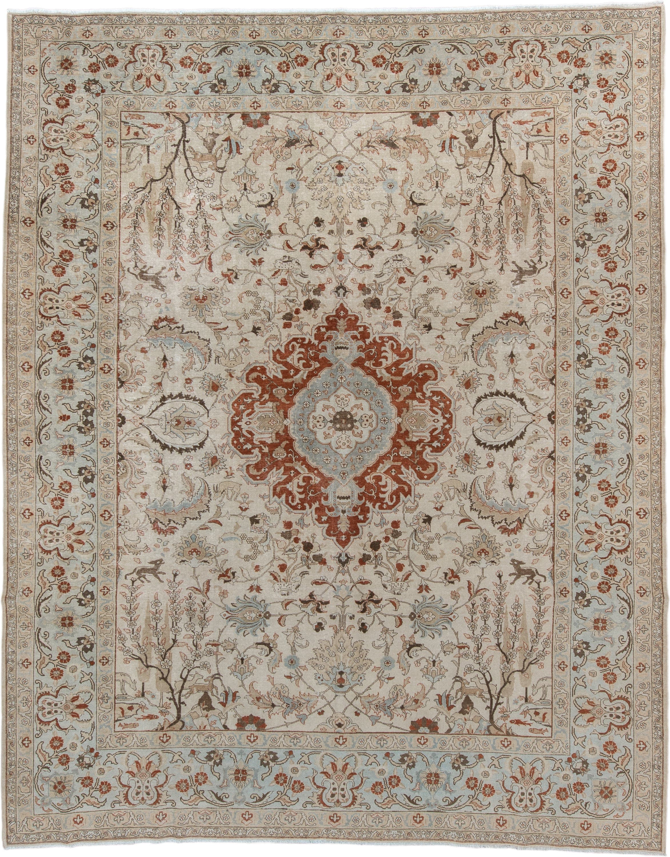 10' x 12' one-of-a-kind handmade vintage Tabriz large size rug. Color palette: terra cotta, blue, ivory, taupe, charcoal