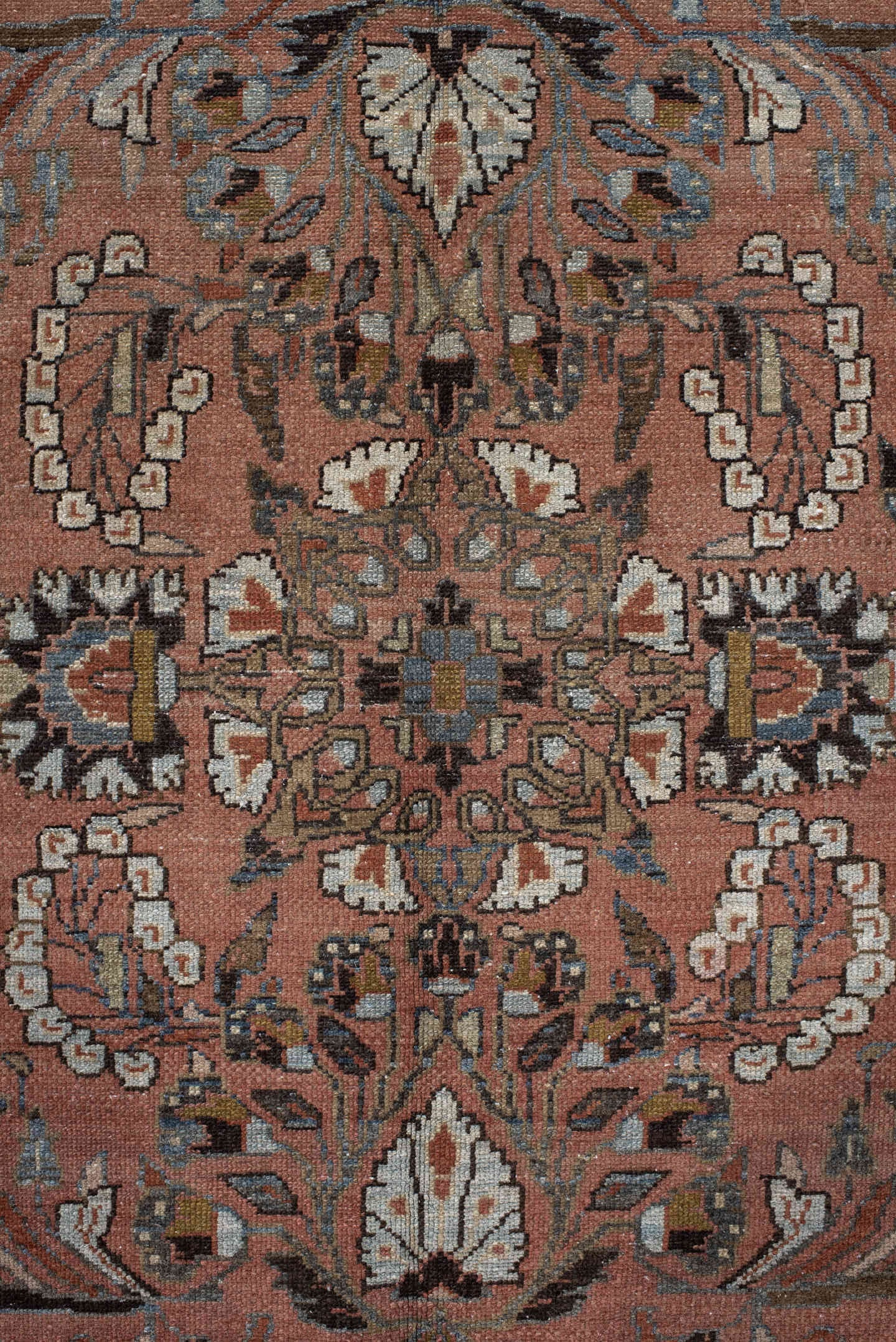 10' x 12' one-of-a-kind handmade vintage Tabriz large size rug. Color palette: terra cotta, blue, ivory, taupe, charcoal
