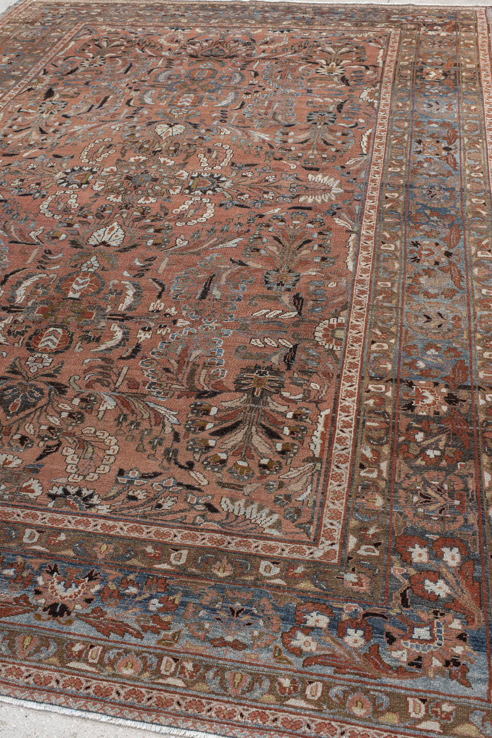 10' x 12' one-of-a-kind handmade vintage Tabriz large size rug. Color palette: terra cotta, blue, ivory, taupe, charcoal