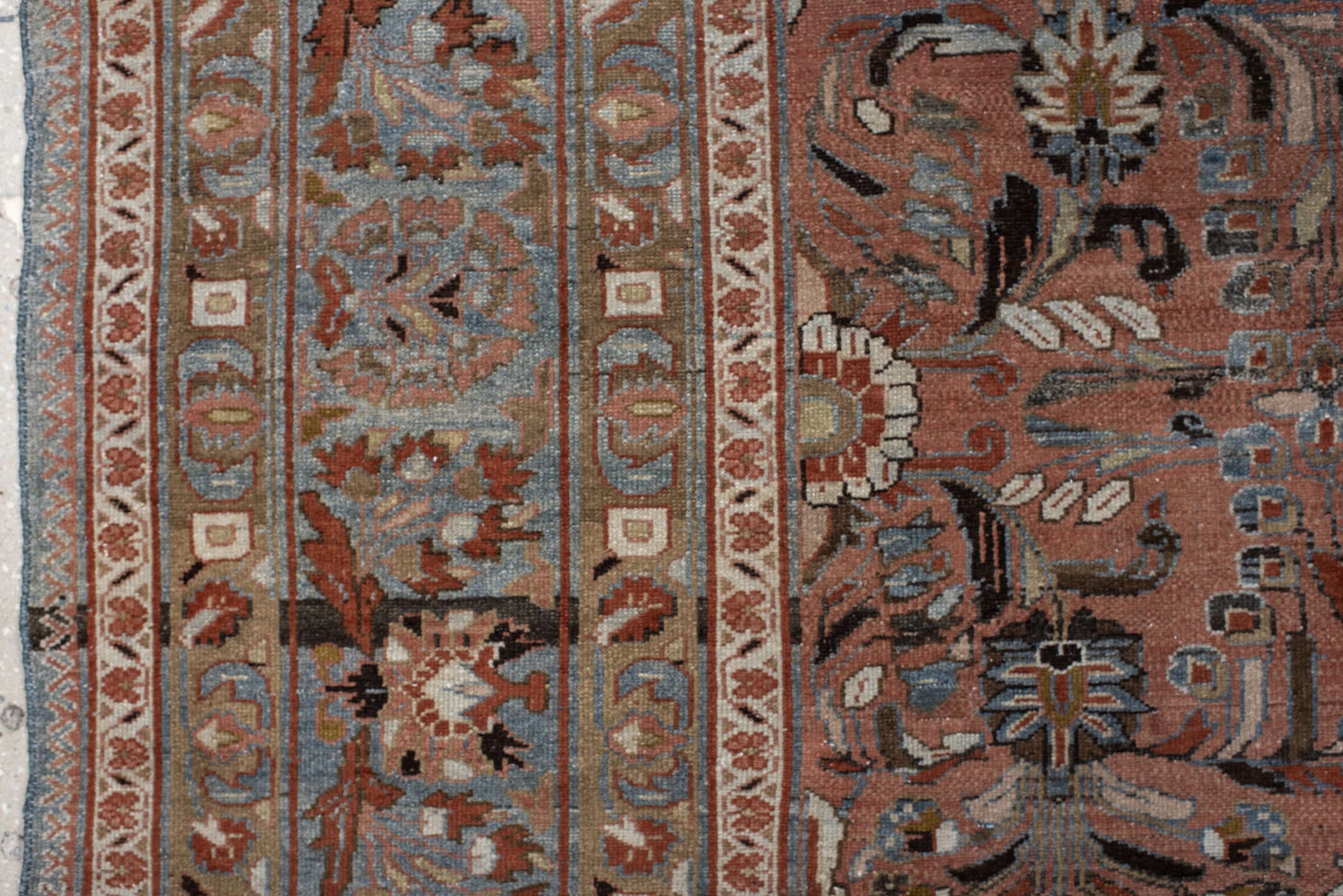 10' x 12' one-of-a-kind handmade vintage Tabriz large size rug. Color palette: terra cotta, blue, ivory, taupe, charcoal