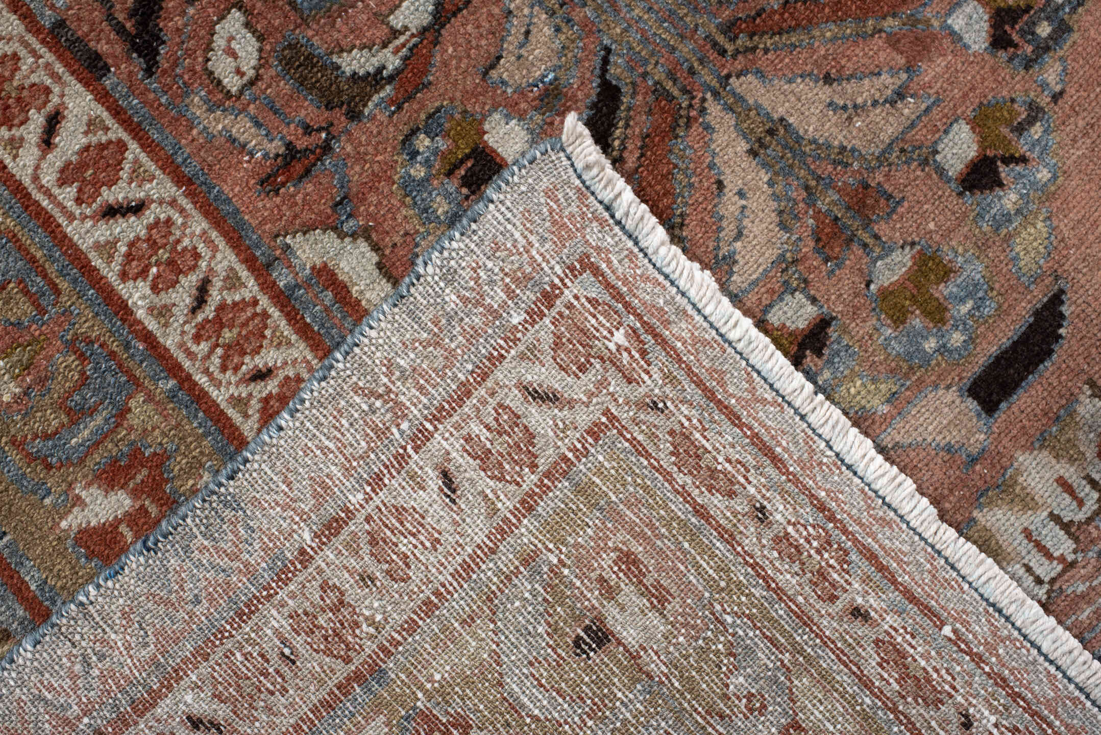 10' x 12' one-of-a-kind handmade vintage Tabriz large size rug. Color palette: terra cotta, blue, ivory, taupe, charcoal