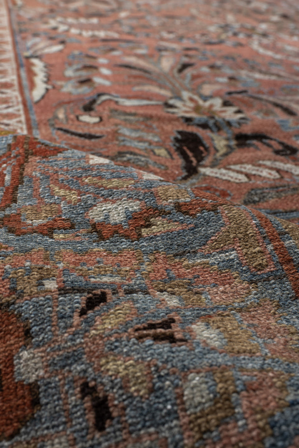 10' x 12' one-of-a-kind handmade vintage Tabriz large size rug. Color palette: terra cotta, blue, ivory, taupe, charcoal