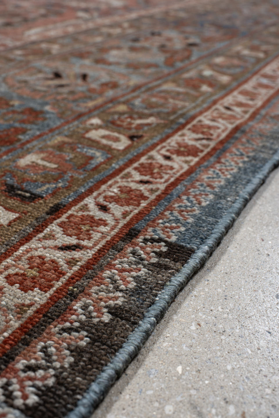 10' x 12' one-of-a-kind handmade vintage Tabriz large size rug. Color palette: terra cotta, blue, ivory, taupe, charcoal