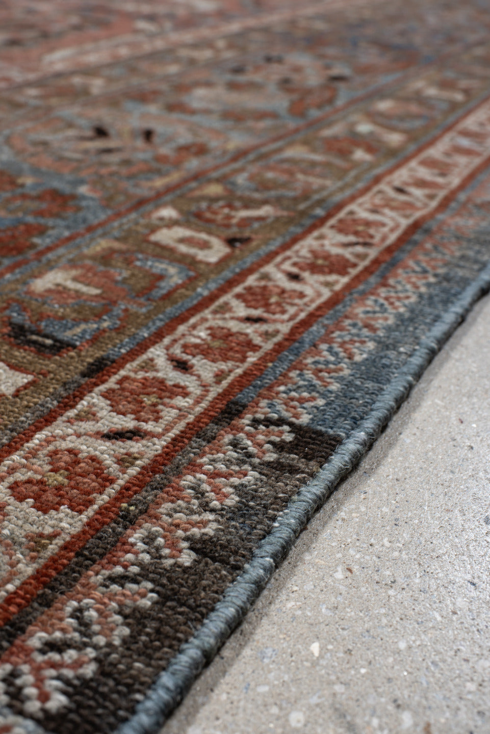 10' x 12' one-of-a-kind handmade vintage Tabriz large size rug. Color palette: terra cotta, blue, ivory, taupe, charcoal