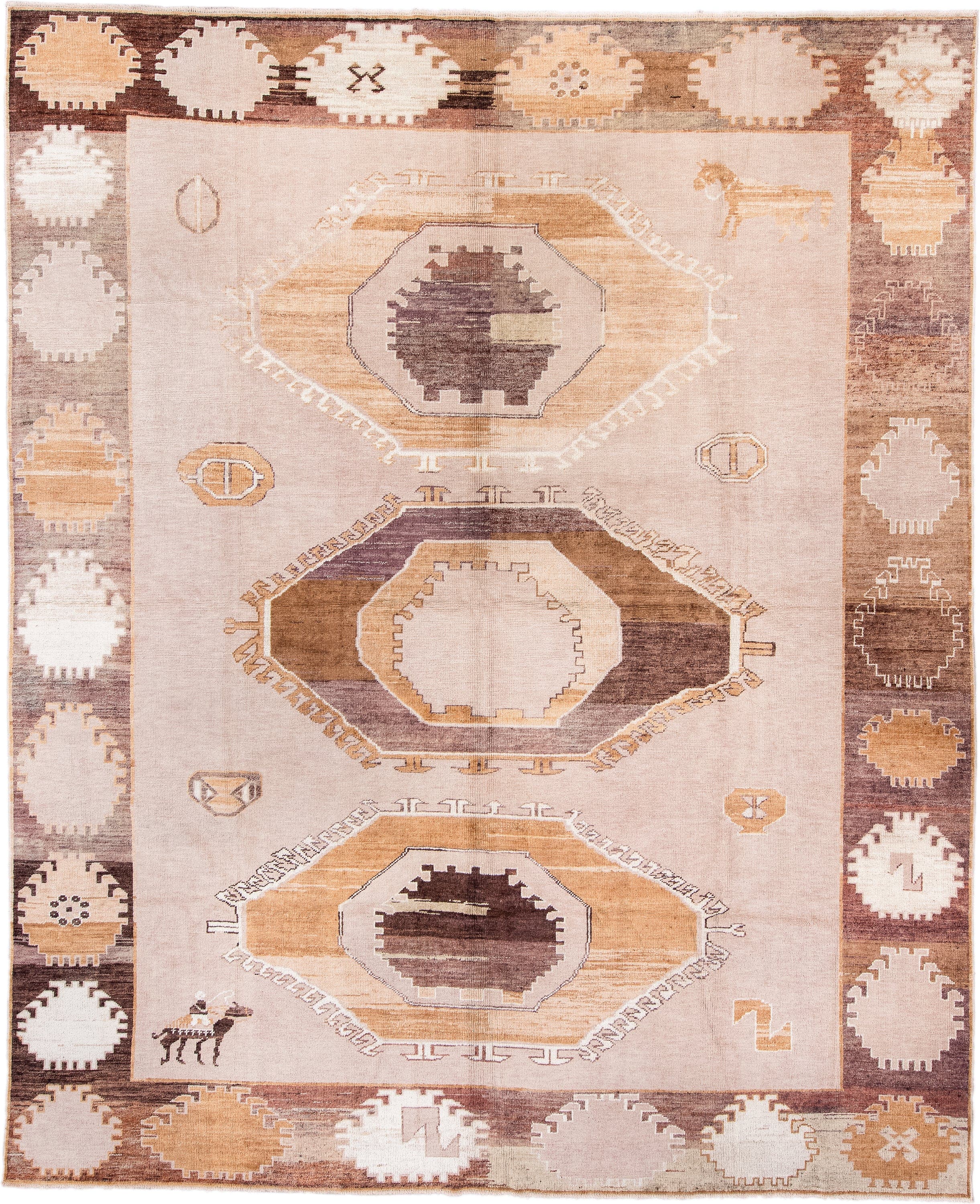 11' x 14' one-of-a-kind handmade vintage Kars oversize rug. Color palette: blush, camel, ivory, brown, taupe, cream, pink