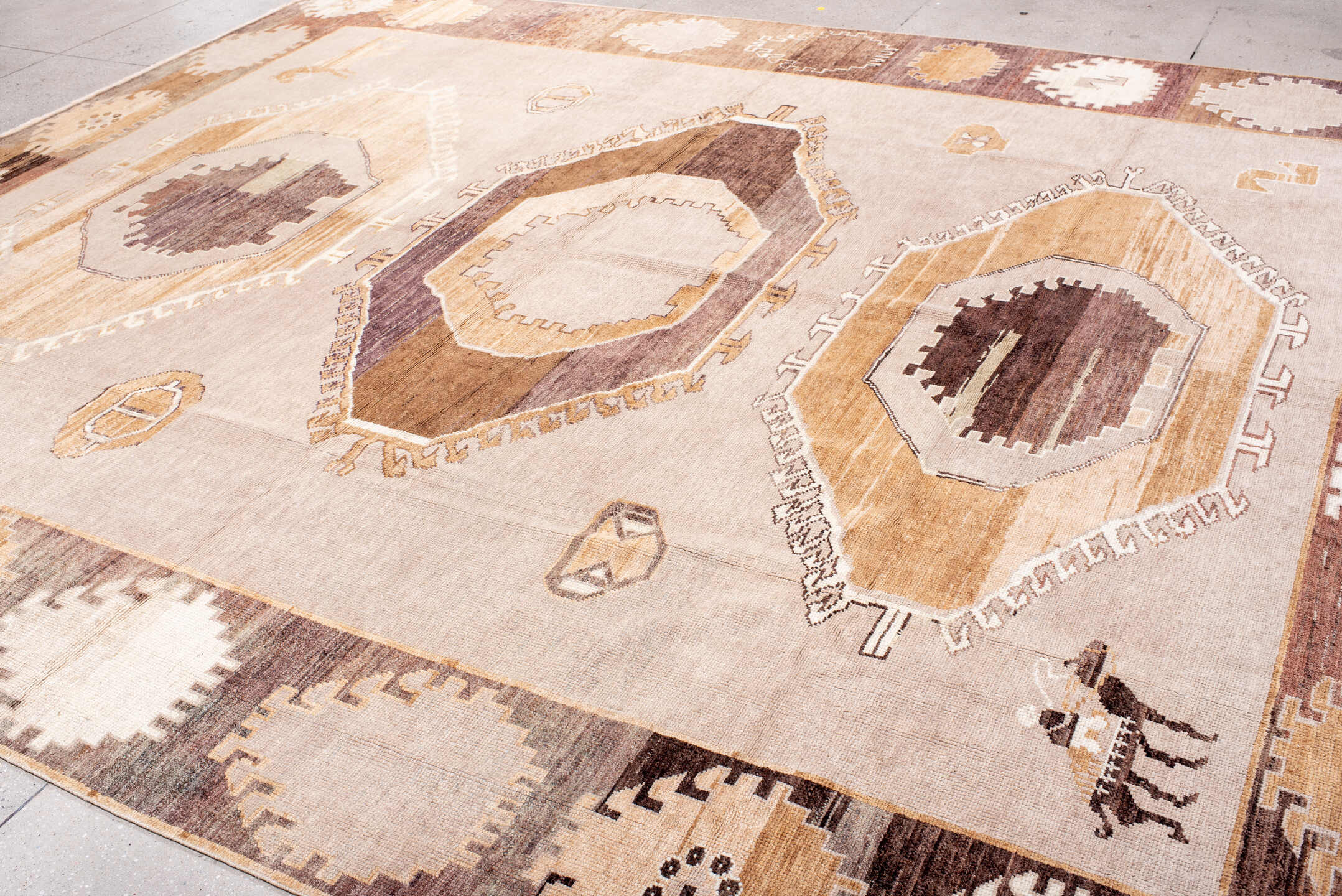 11' x 14' one-of-a-kind handmade vintage Kars oversize rug. Color palette: blush, camel, ivory, brown, taupe, cream, pink